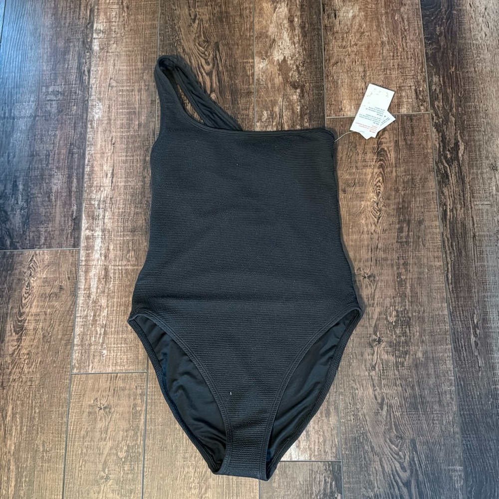 One piece black bathing suit